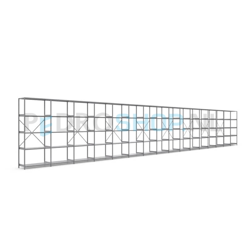 Metalen stellingkast: 250cm (h) x 50cm (d) x 1613.2cm (l)