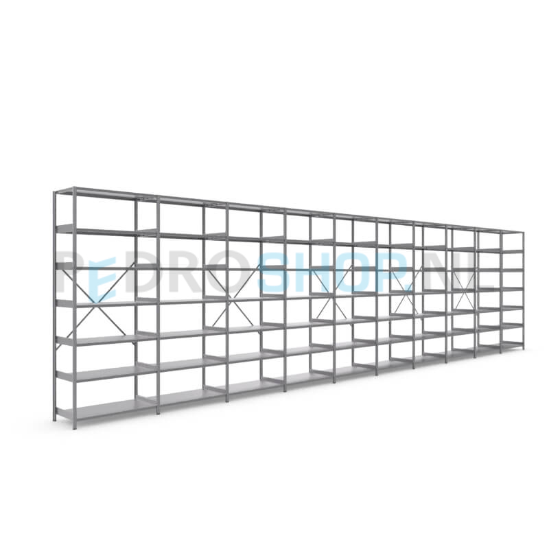 Metalen stellingkast: 250cm (h) x 50cm (d) x 1009.6cm (l)